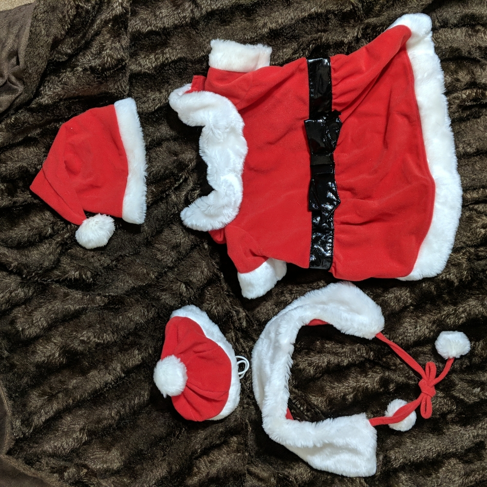 Mrs Claus Dog Pet Costume Dress with Hat Sz M and Santa Hat and Ruff OS